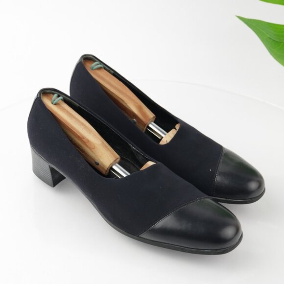 Munro Womens Julie Pump Size 11 NARROW Navy Satin Cap Toe Block Heel Slip On - Picture 11 of 12